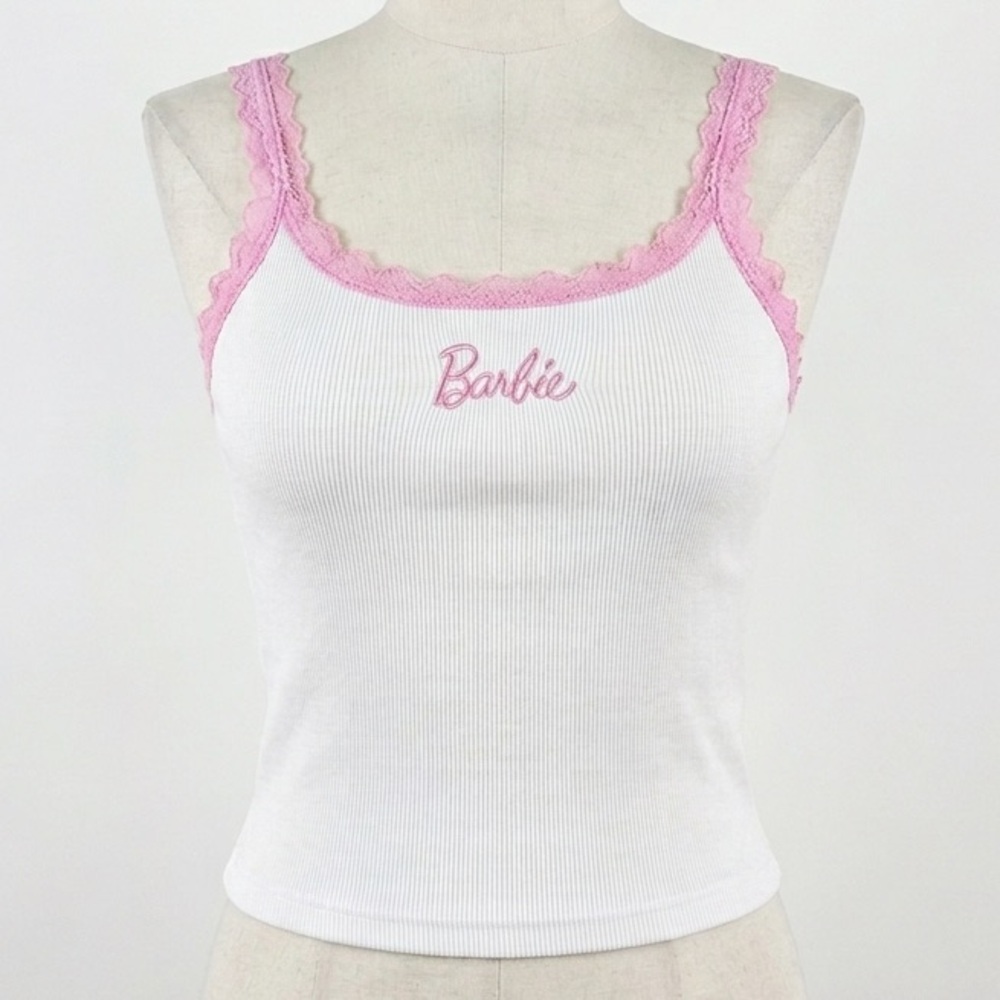 Forever 21 White and Pink Lace Trim Tank Top